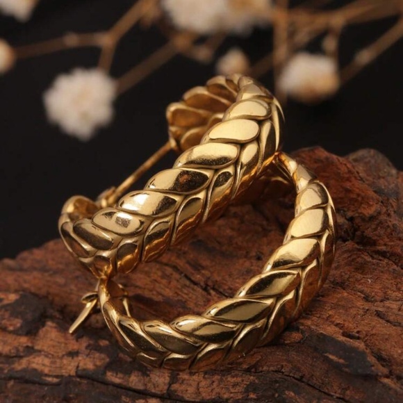 Gold Plated Stainless Steel Braided Hoop Earrings - Picture 3 of 3